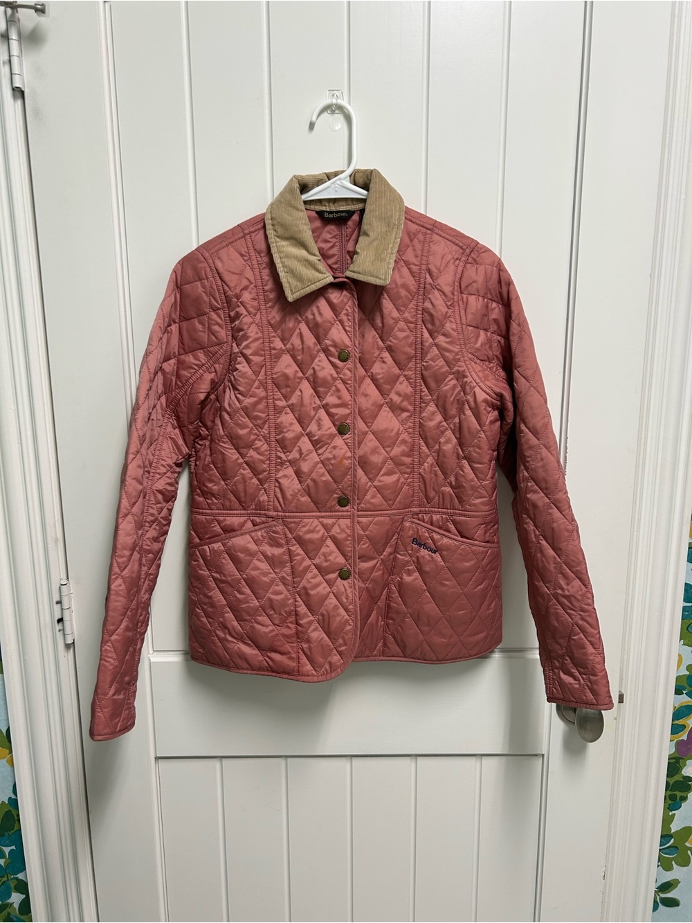 Youth Barbour Quilted Rose Pink Jacket with Tan Corduroy Collar